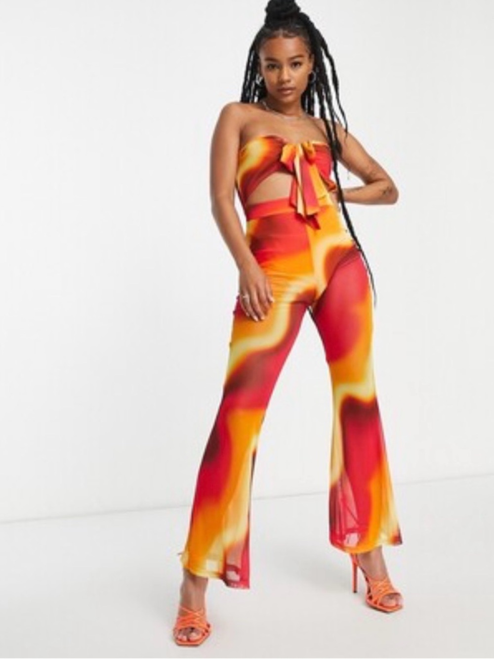 🔥🔥🔥ASOS strapless tie front mesh jumpsuit with cut out in ombre print